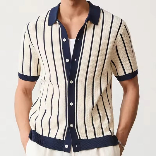 Luxury Knitting Striped Shirts Men Vintage Turn-down Collar Button Short Sleeve Mens Knit Shirt 2025 Summer Trendy Slim Cardigan